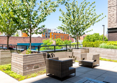 Outdoor lounge area at our Brooklyn apartments with plants surrounding the seating areas and a view of the city.