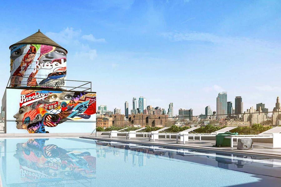 363 Bond Street Brooklyn Crush rooftop pool with custom mural by Tristan Eaton